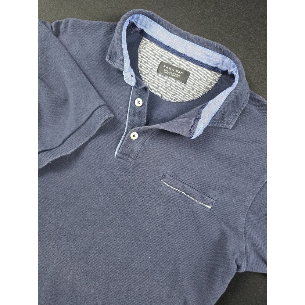 Zara Man Navy Blue Pique Polo Shirt Mens Medium Short Sleeve Contrast Collar